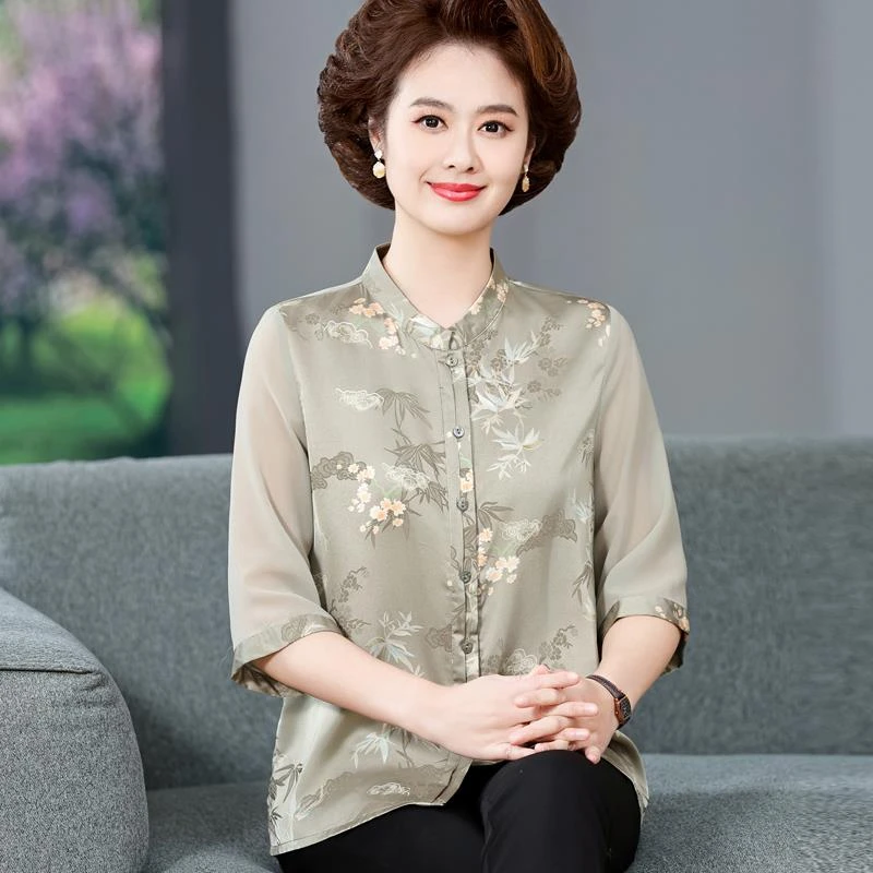 妈妈装夏季新款时尚大码中老年真丝衬衫宽松洋气奶奶装桑蚕丝套装