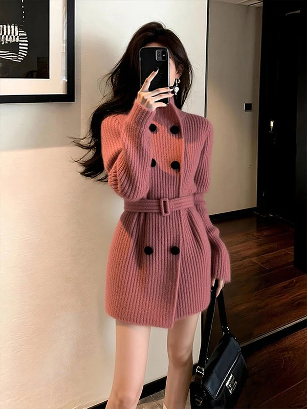 显白玫粉色高领毛衣开衫秋冬新款时尚中长款高腰针织衫外套气质款