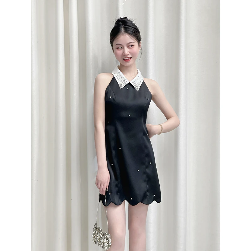 【莫妮卡晚宴】小娜椒小个子法式千金风重工高级感无袖挂脖连衣裙女