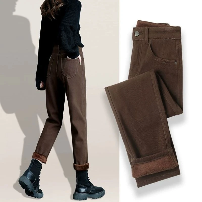 哈伦牛仔裤女2025年冬季新款咖啡色加绒高腰显瘦遮肉弹力萝卜裤子