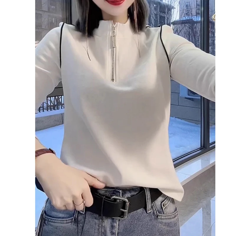白色半拉链长袖t恤女秋季新款韩版宽松时尚小个子设计感百搭上衣