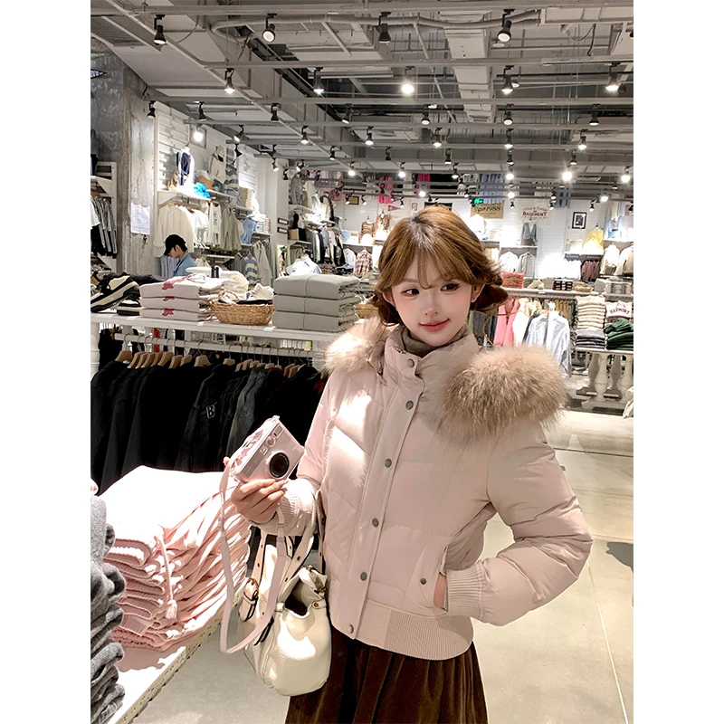 粉色甜美风大毛领连帽棉服外套女冬季新款加厚保暖百搭短棉衣棉袄