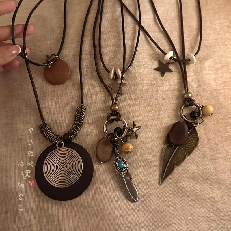 禅意复古双层长款羽毛吊坠项链女波西米亚民族风毛衣链配裙子配饰