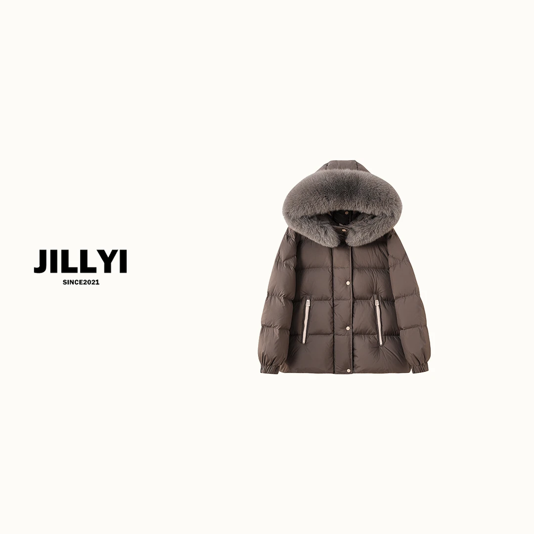 JILLYI【甜系奶咖】棕色毛茸连帽领口保暖气质中长款羽绒服