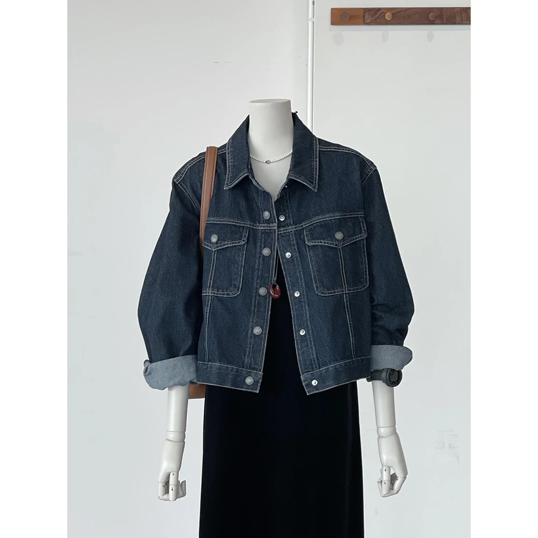 级推荐！秋风习习~港风时髦复古藏青色翻领夹克休闲牛仔外套女秋季