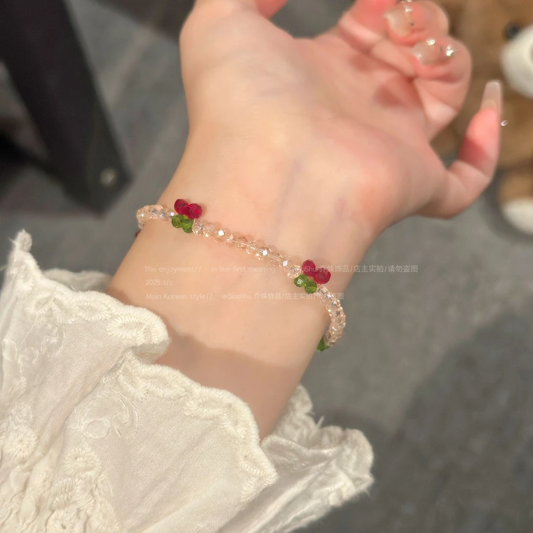 非金属仿水晶手链 B084小清新樱桃串珠手链女甜美高级小众简约