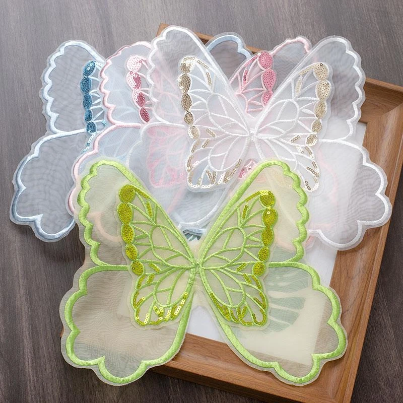 双层金银雪纺纱亮片蝴蝶布贴DIY手工立体蕾丝刺绣辅料补丁贴花边