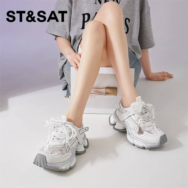 星期六厚底休闲鞋女款2025新款夏季网面透气老爹鞋软底百搭运动鞋