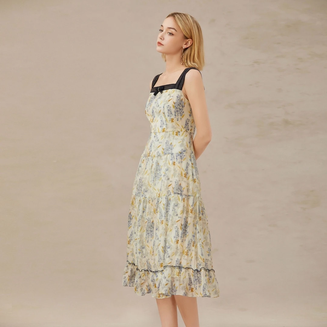 【粉丝专属】BuouBuou莱赛尔法式印花吊带收腰拼接连衣裙女BI2G097