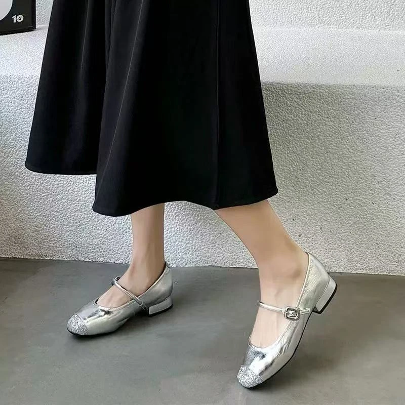 C3891 银色  时尚舒适低跟方头玛丽珍浅口女单鞋