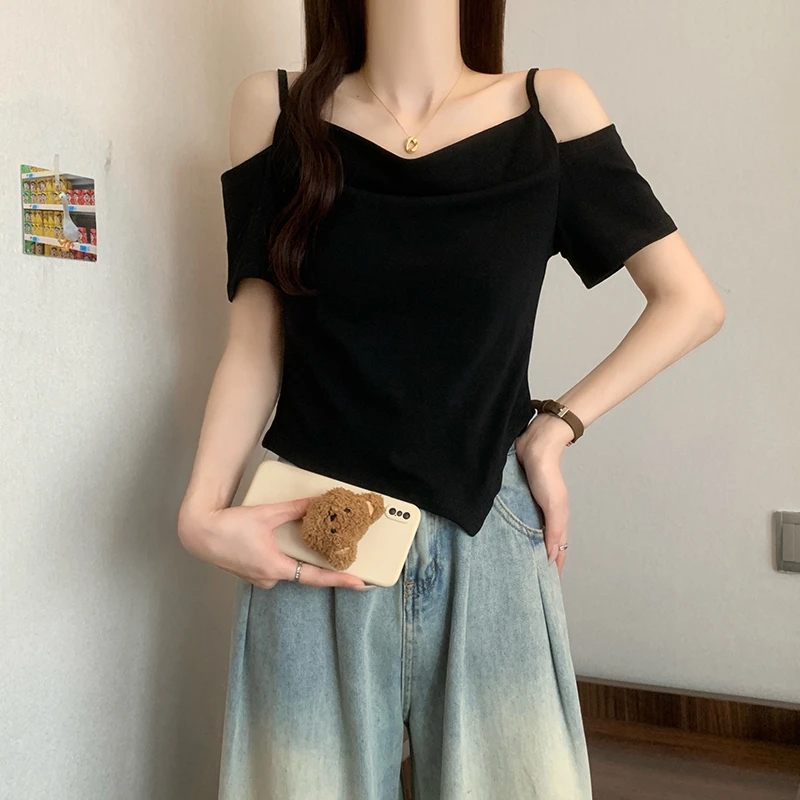 大码不规则短袖t恤女夏季2025新款宽松显瘦遮肉减龄纯色露肩上衣