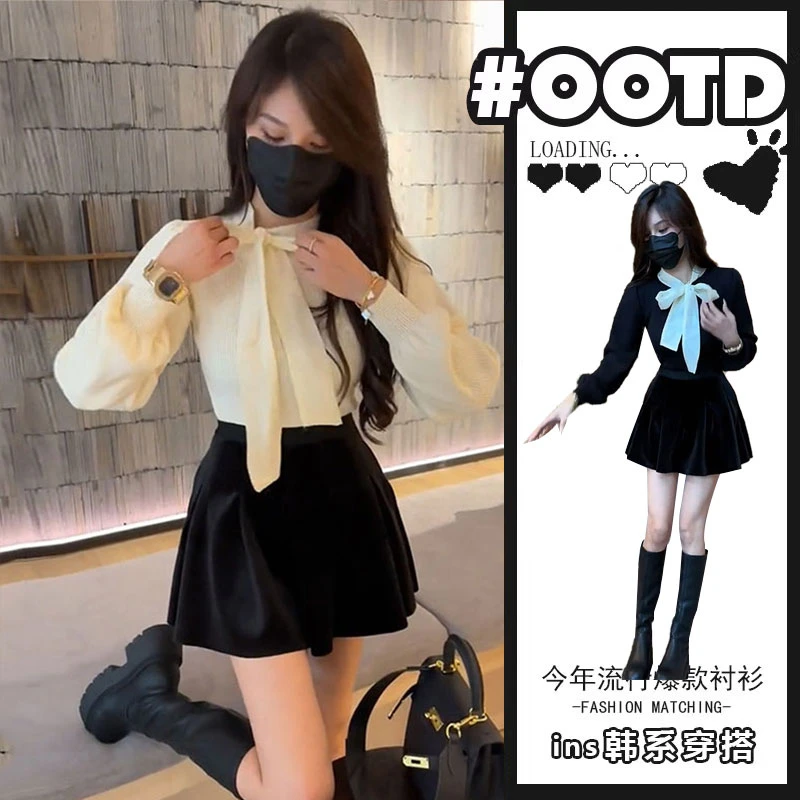 早秋轻熟风穿搭小香风时尚蝴蝶结上衣套装女搭配洋气丝绒裙两件套