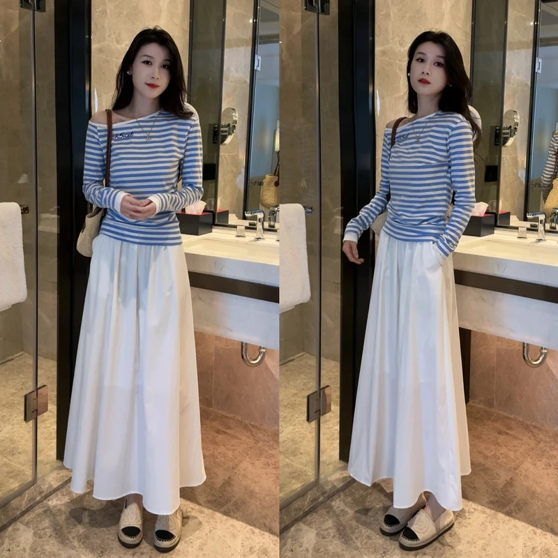 春夏百搭斜肩条纹长袖T恤上衣+显瘦松紧腰头气质高腰半身裙套装