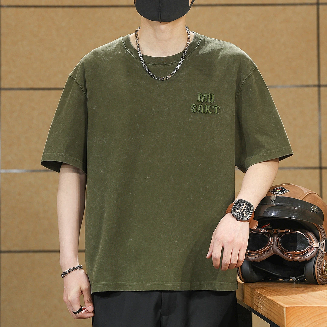 夏季新款重磅纯棉刺绣字母短袖t恤男美式复古宽松大码扎染T恤上衣