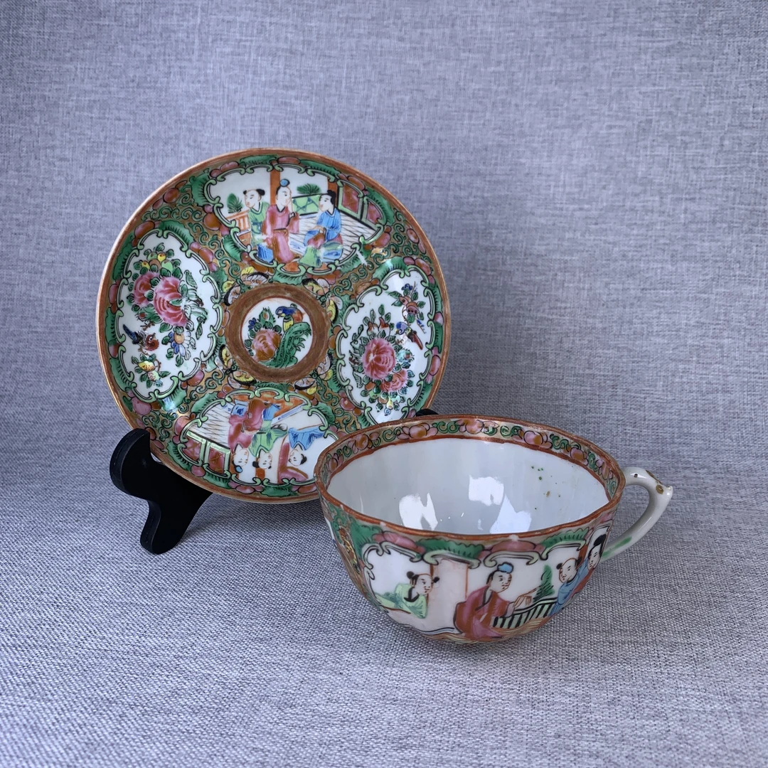 民国广彩人物花鸟杯碟一套古瓷器真品国营镇江市文物5128212