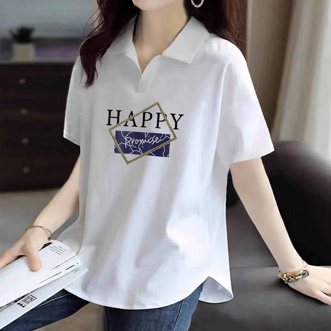 白色POLO衫女短袖夏季休闲胖MM大码宽松显瘦减龄弧形下摆翻领T恤