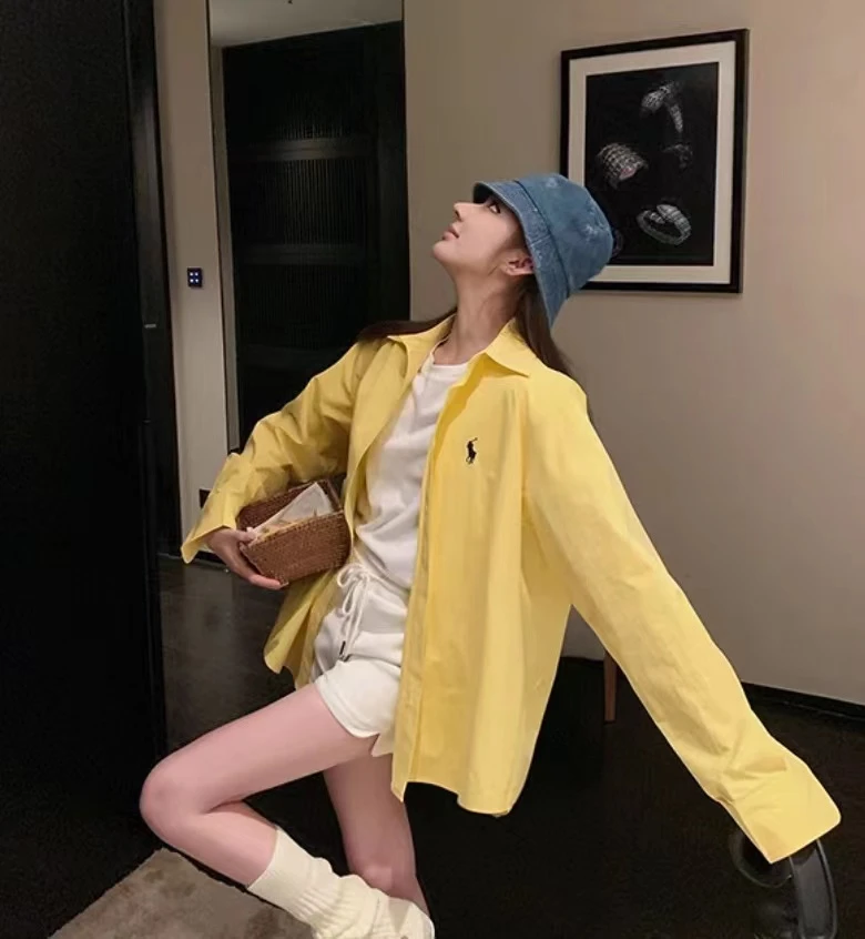 小马刺绣黄色衬衫女春夏2025新款ins洋气减龄宽松慵懒风长袖上衣