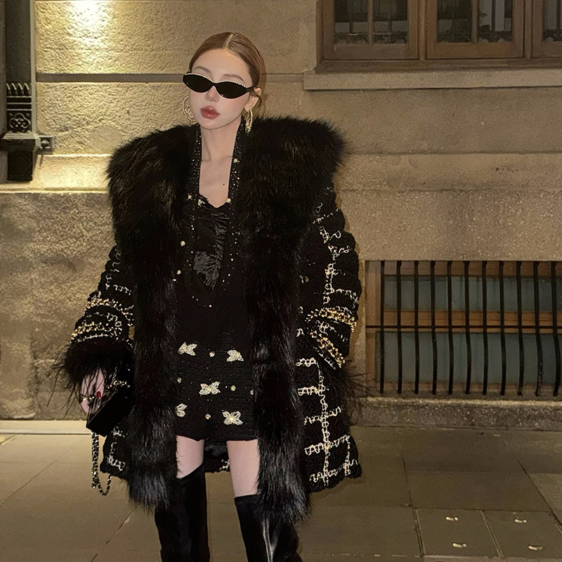 M/Q〔豪门千金〕大毛领金线编织格子外套MQ8163