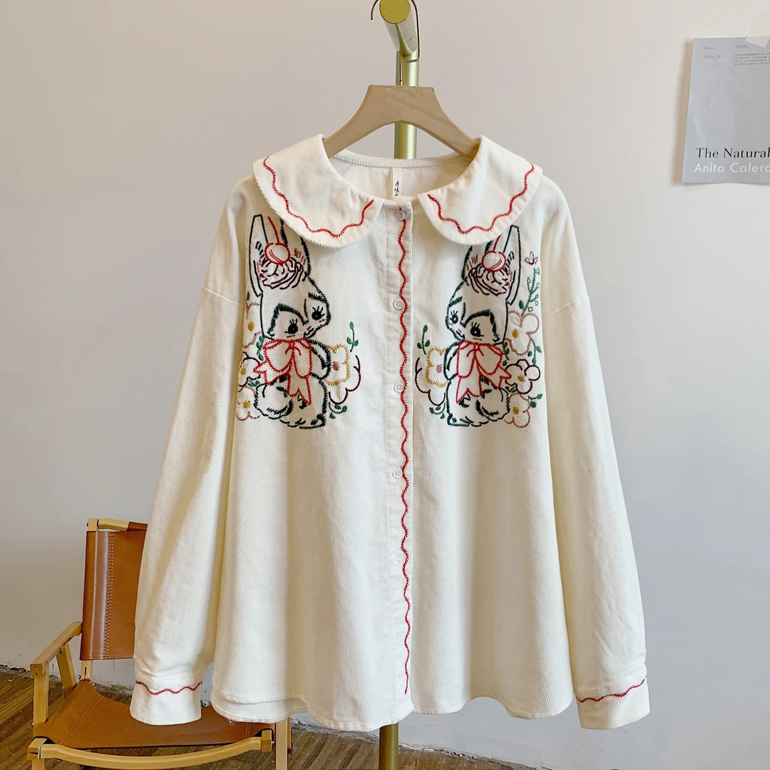 小兔子Y3256刺绣小兔子灯芯绒全开扣娃娃领衬衫