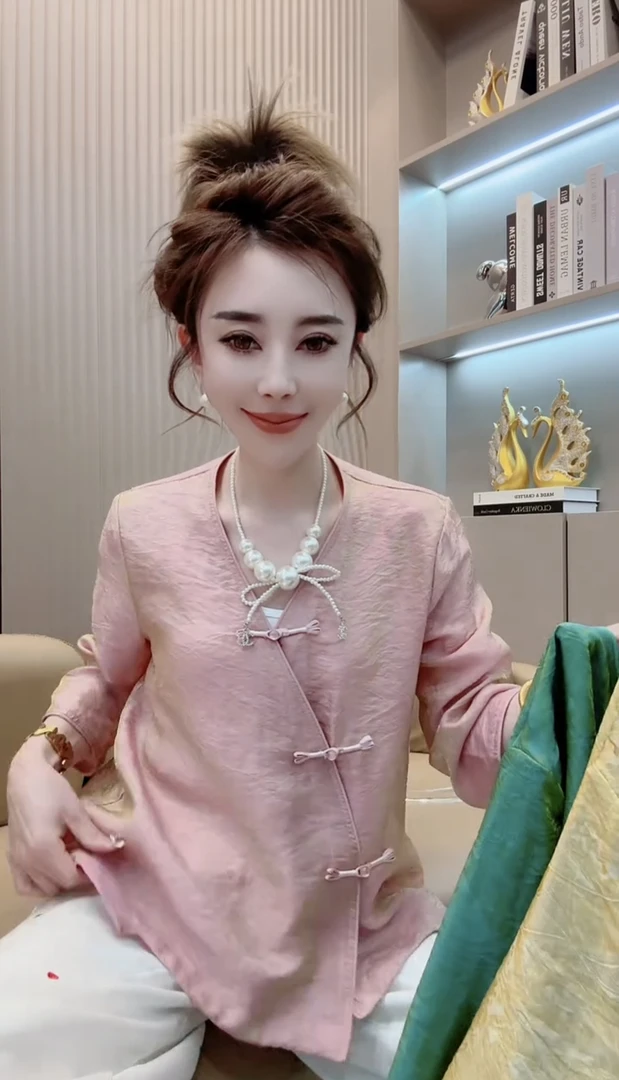 夏薄款新韩版中式洋气国风气质彩色盘扣显瘦斜襟上衣衬衫时尚长袖