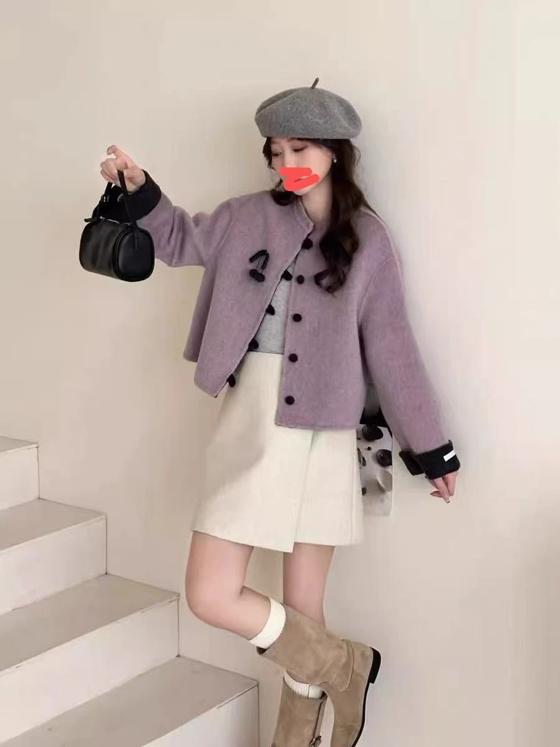 那简家2533秋冬韩国原单手工制作新中式天丝双面羊绒外套女