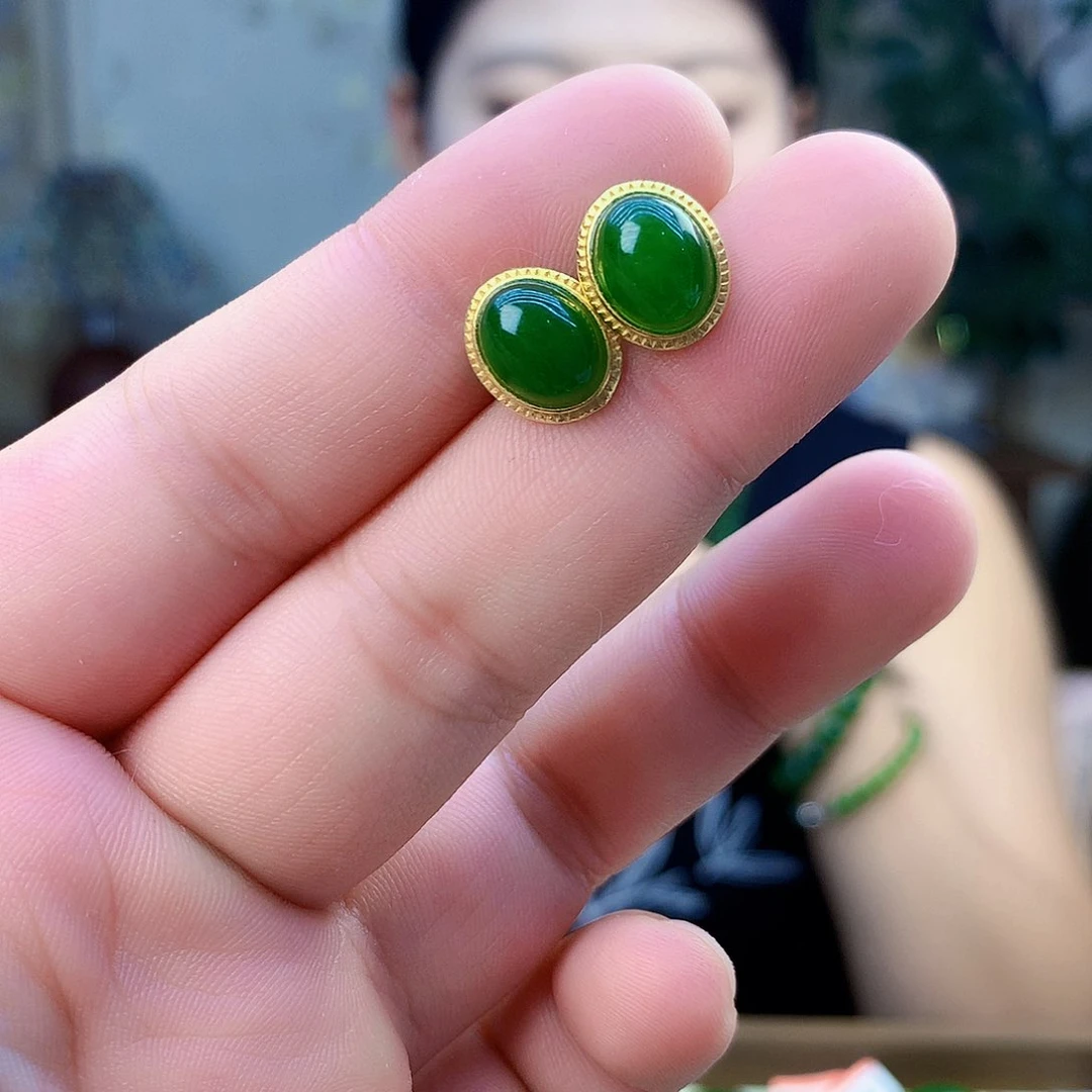 吊坠(不含链)银S925镶嵌和田玉（碧玉）耳钉