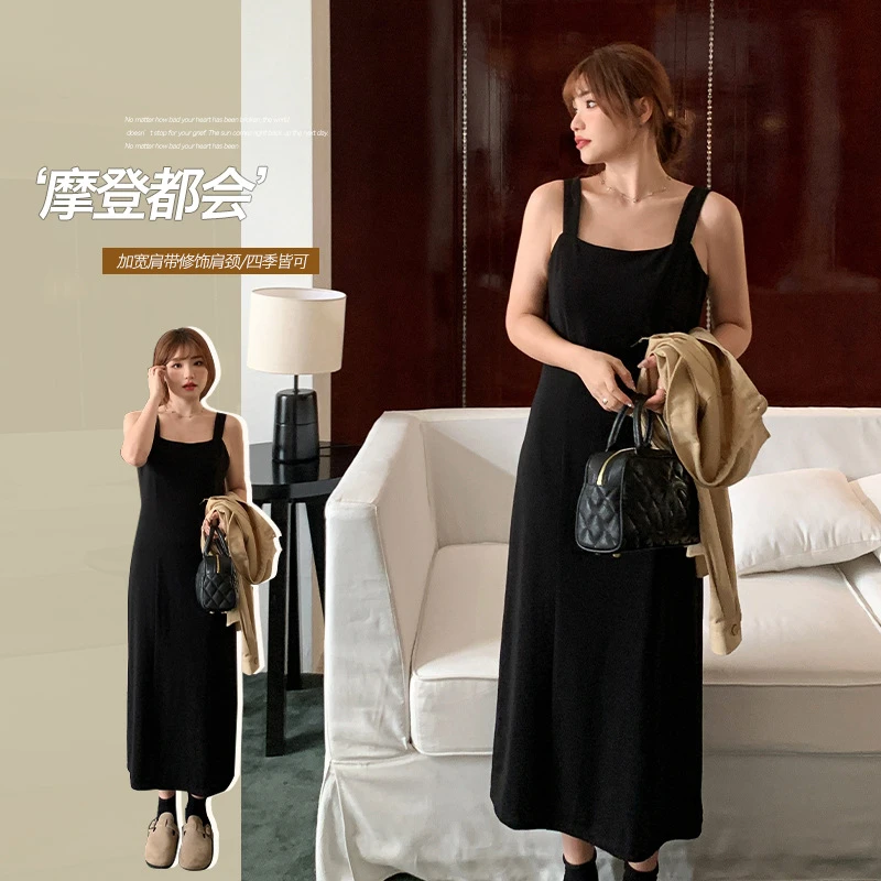 大码胖mm气质百搭黑色显瘦吊带连衣裙