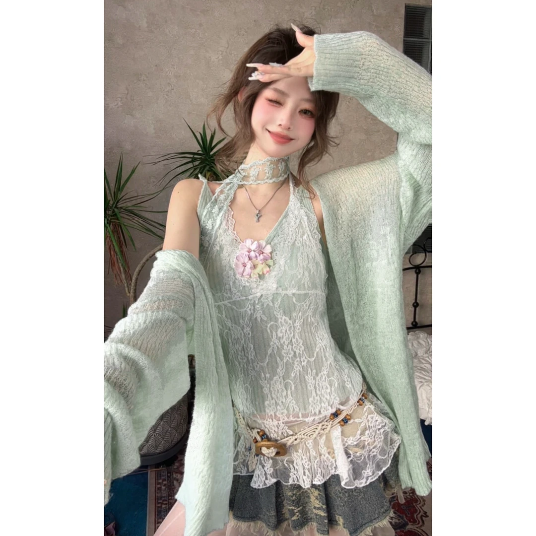 ｛新芽吻露｝针织毛衣绿色早秋款女上衣两件套 法式慵懒风