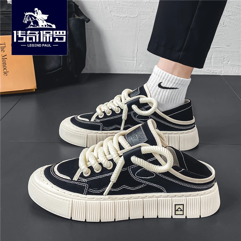 传奇保罗官方正品男鞋夏季黑色休闲板鞋男款时尚百搭低帮帆布鞋男