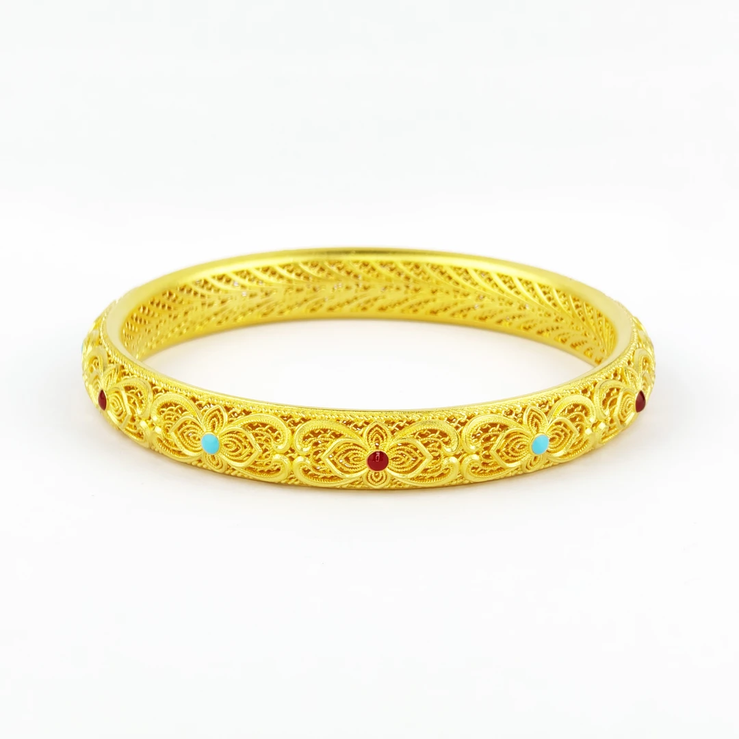 足银手镯 足银999镂空大皇后手镯子花丝珐琅彩古风新中式精美大气