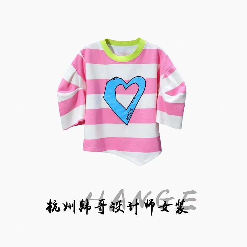 【韩哥女装】2025欧版《樱花绽放》粉杏撞色印花高克重短袖7520-C8