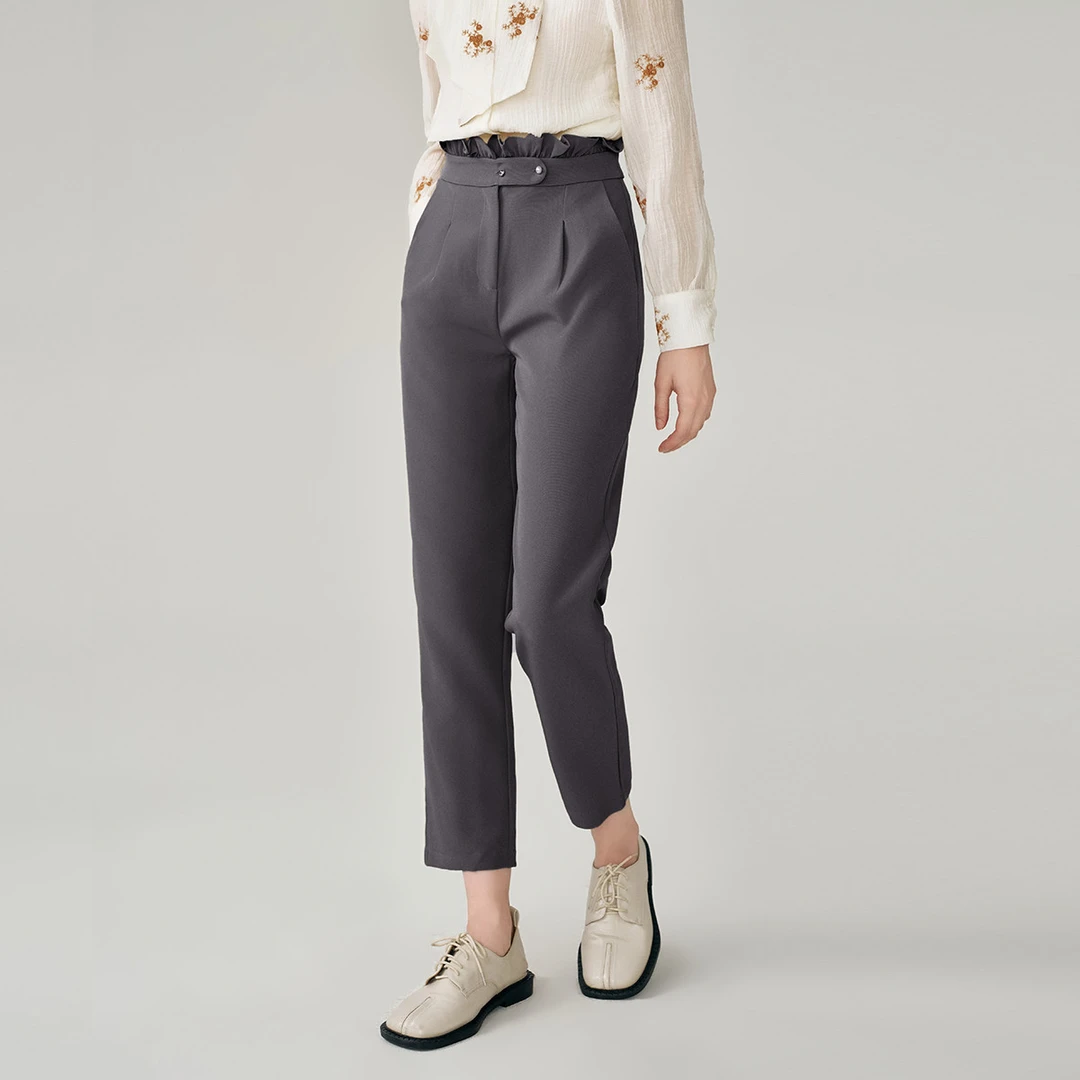 【粉丝专享】夏季优雅气质感花苞腰直筒哈伦裤高腰西装休闲裤