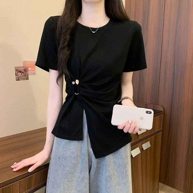 棉大码夏季新款正肩不规则显瘦短袖T恤女装宽松设计感开叉上衣ins