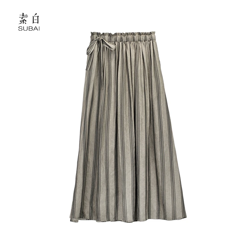 素白【弦音】设计师款时尚条纹松紧腰铜氨丝半身裙SB2503BQ01379