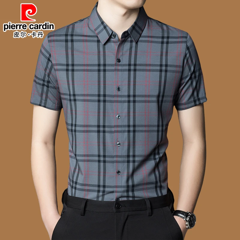 皮尔卡丹正品短袖衬衫夏季薄款2025新款中年男士格子商务休闲衬衣