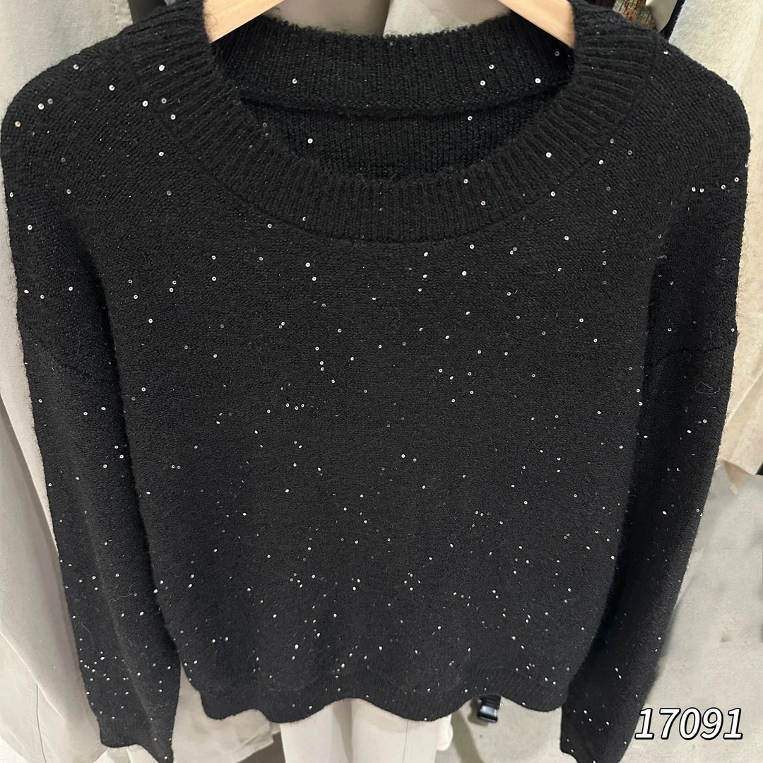 17091（部分无水洗唛，介意慎拍）WANGDAN圆领亮片长袖针织衫