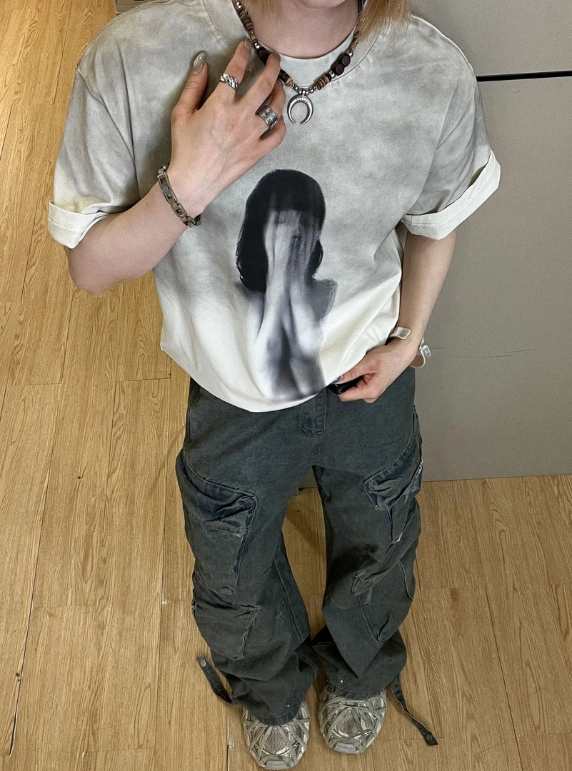 【断片】美式人物渐变设计感小领口印花小众T恤短袖夏hiphop高街ins