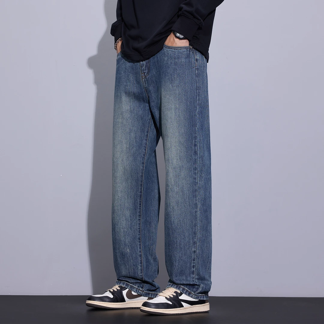Kuvine2025秋季新款美式高街复古做旧水洗百搭宽松直筒牛仔裤男士