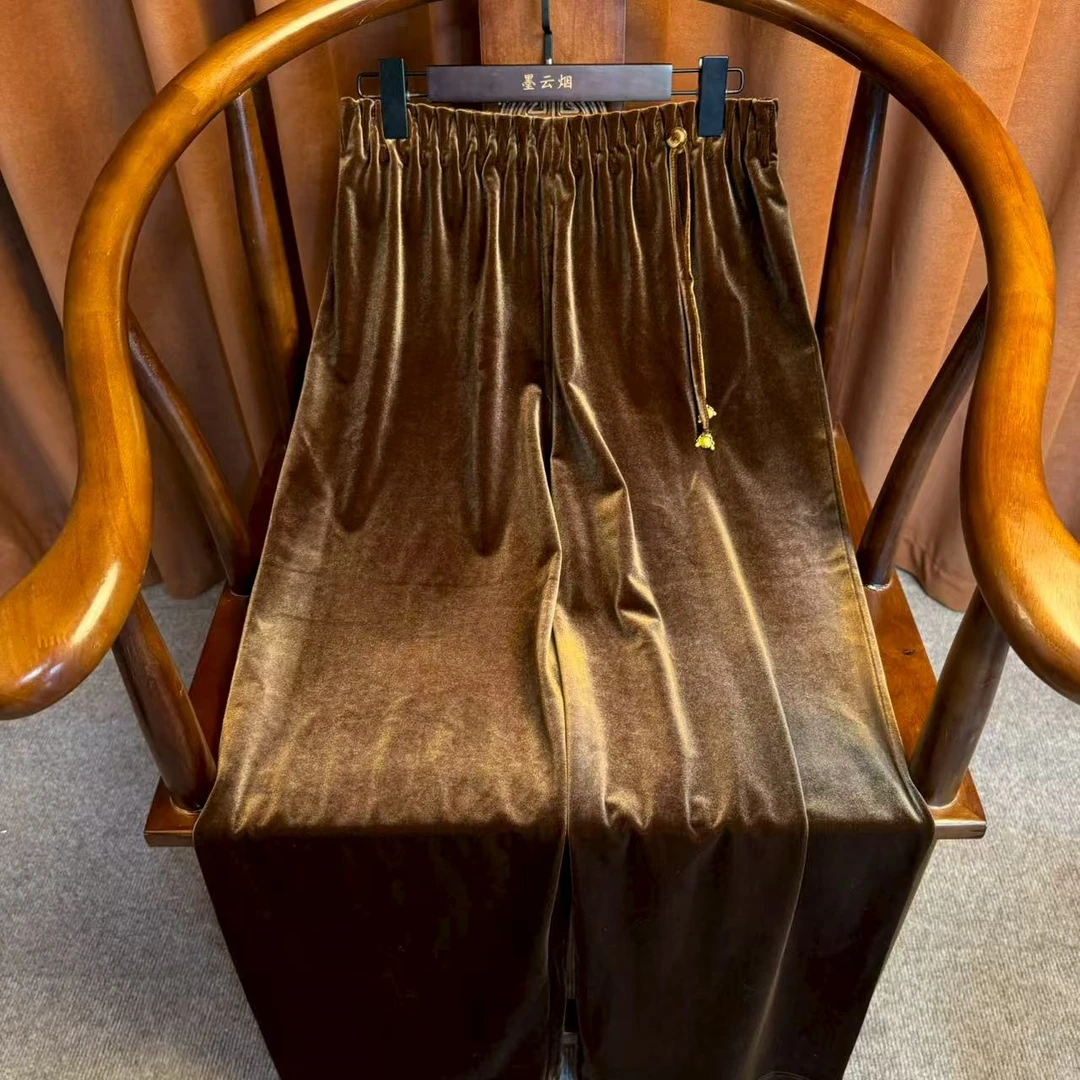【兮辰】新中式丝绒百搭早秋新款国风时尚气质长裤高端大气阔腿裤