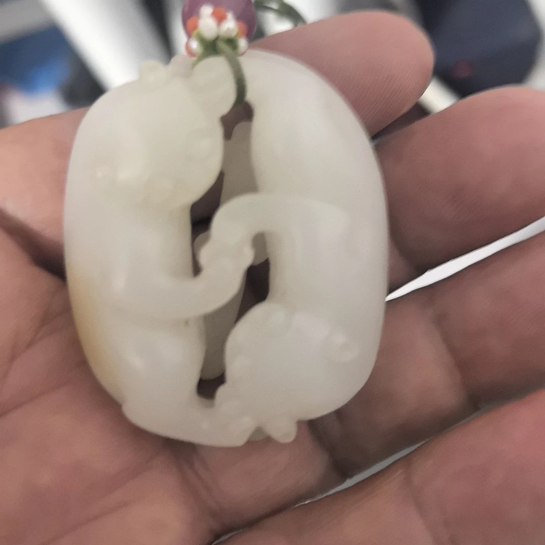 和田玉双欢手把件