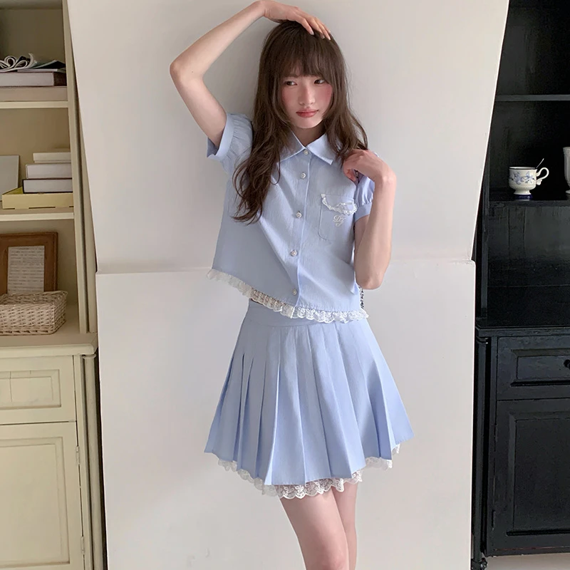 东京岁时记JK夏日音盒学院风制服花边刺绣衬衫修身显瘦上衣套装女