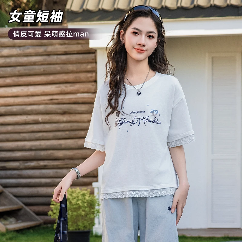 【蕾丝花边甜美T恤】初高中女大童学生休闲宽松显瘦夏季凉纯棉T5166