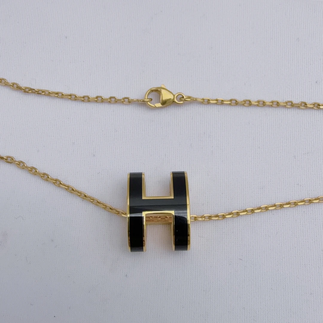 95新 Hermes/爱马仕 pop H黑金 黑色珐琅项链 15793