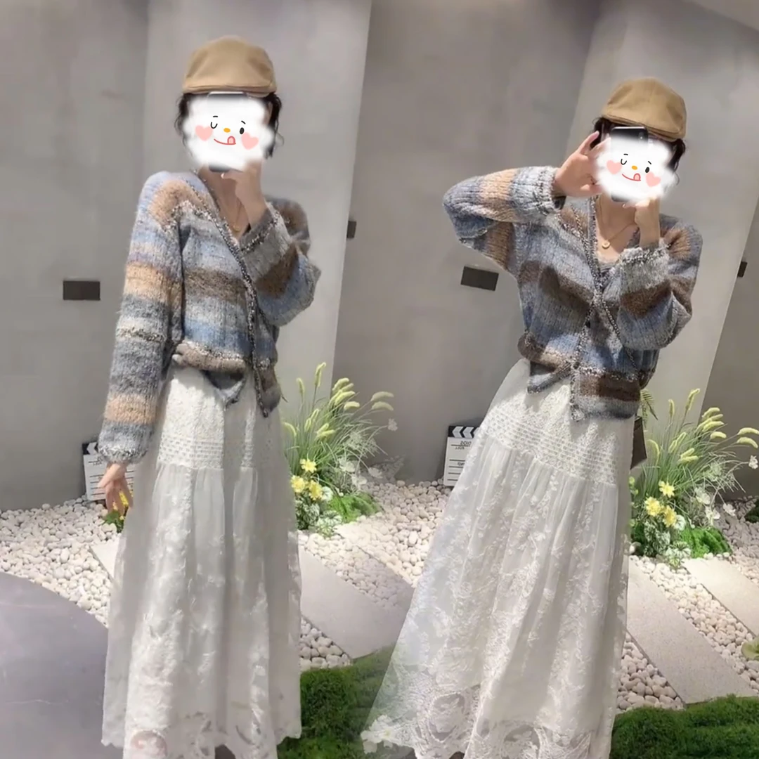 春季新款小香风撞色条纹针织开衫女V领毛衣上衣高腰百搭半身裙