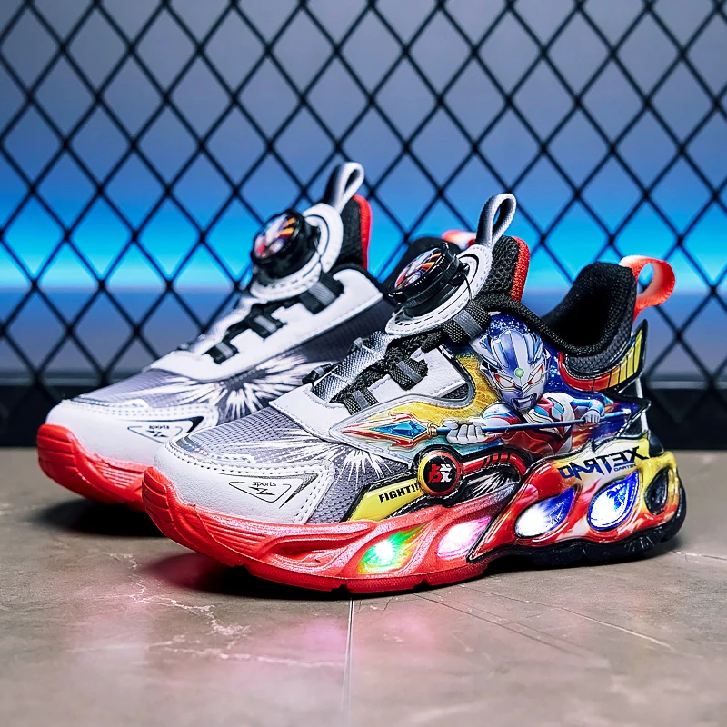 春秋季男童新款皮面透气软底舒适发光亮灯鞋儿童超轻时尚运动鞋