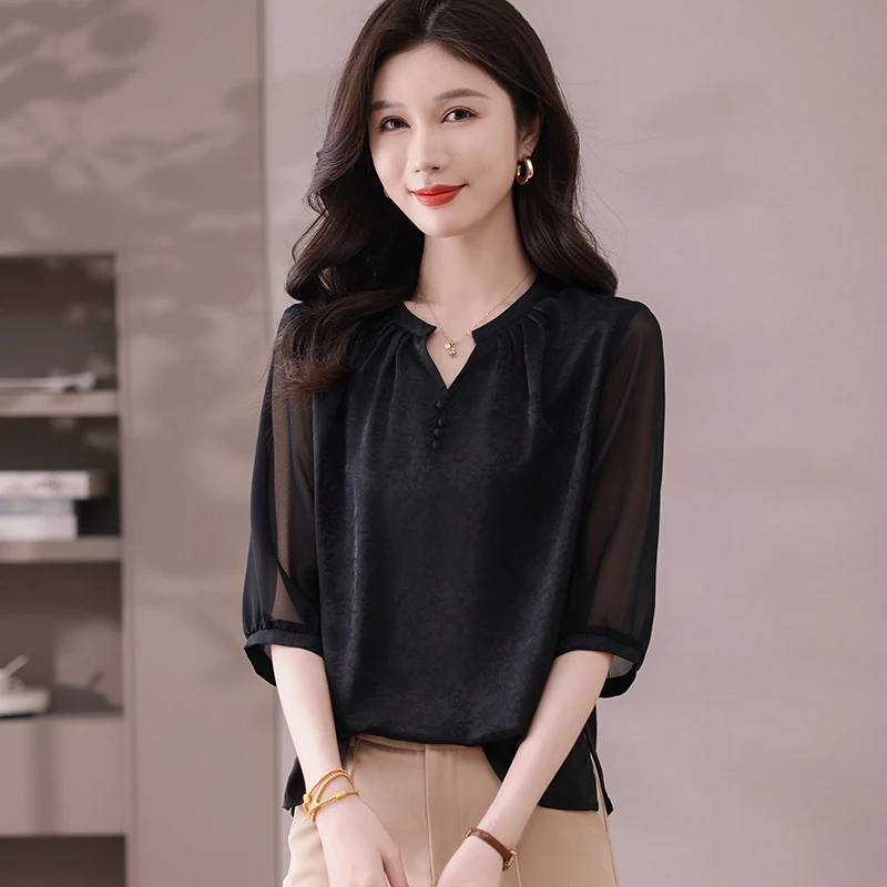 真丝短袖衬衫女2025新款夏季中年妈妈黑色半袖高端杭州桑蚕丝上衣