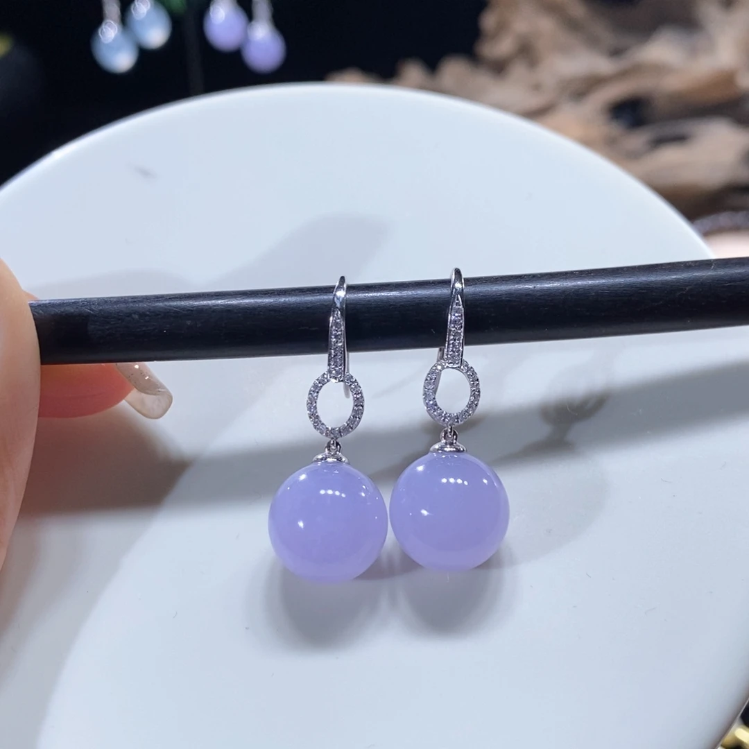 翡翠18K金镶嵌颈饰翡翠18k金冰红紫圆珠耳坠