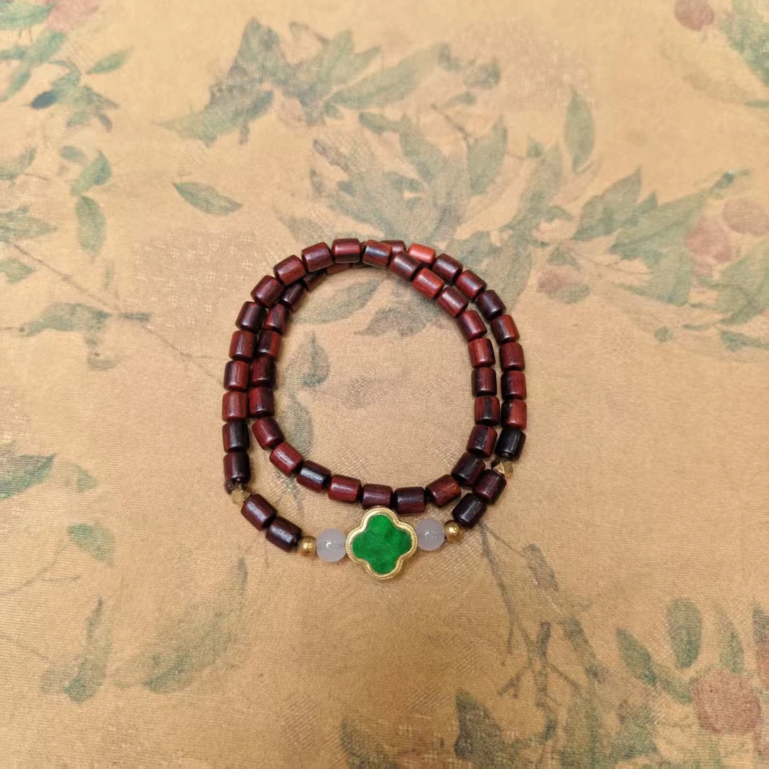 S1208-印度小叶紫檀5*6mm双圈+四叶草配饰+盒子