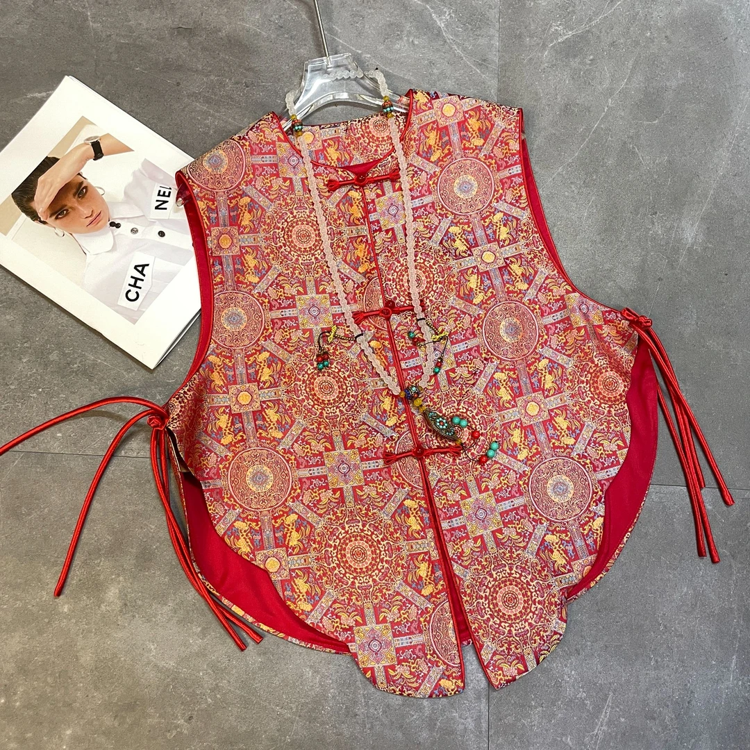 【八达运荷叶边】新中式圆领盘扣马甲宽松女轻国风气质马夹坎肩8067