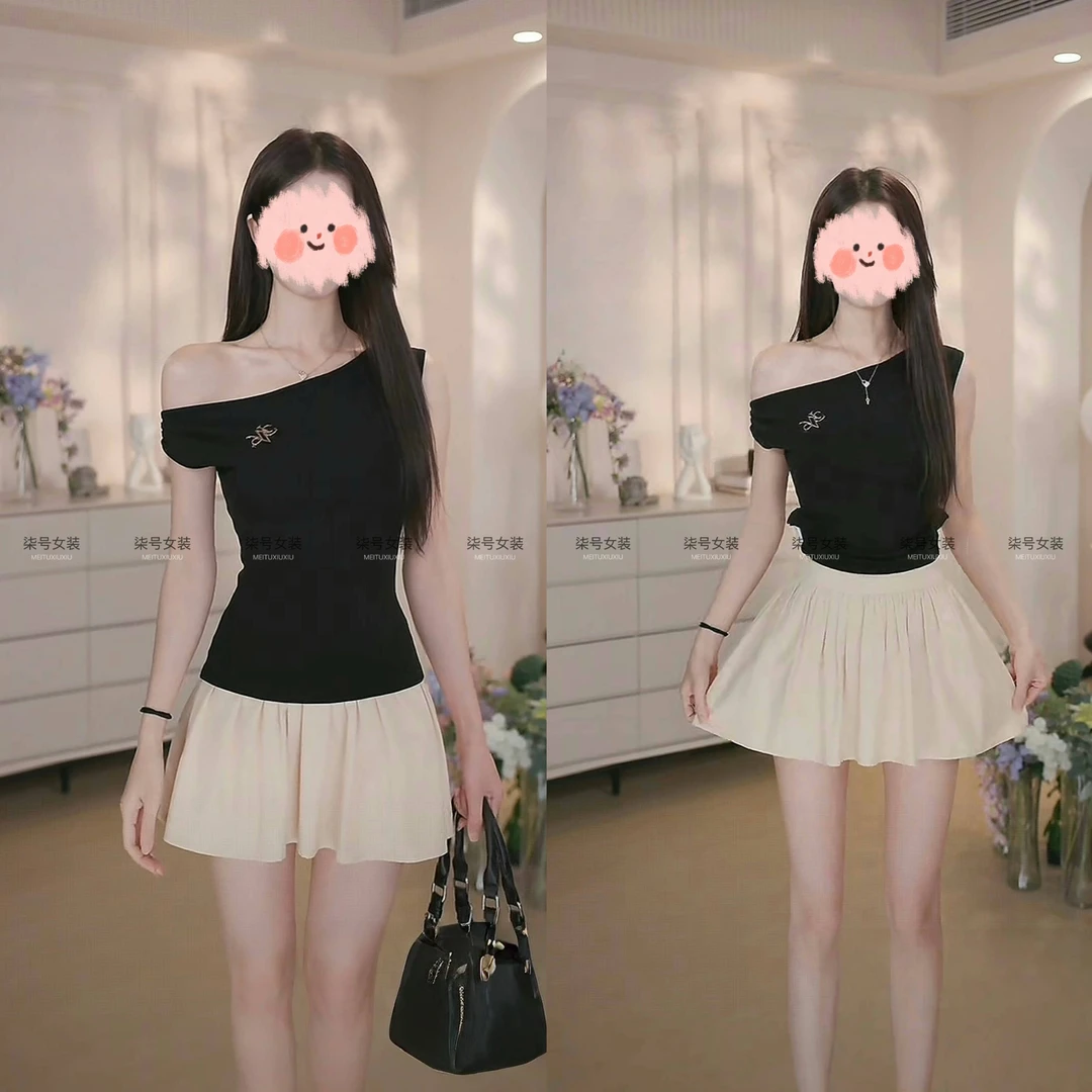 2025夏季穿搭一整套时尚洋气一字肩黑色上衣+高腰显瘦半身裙裤女